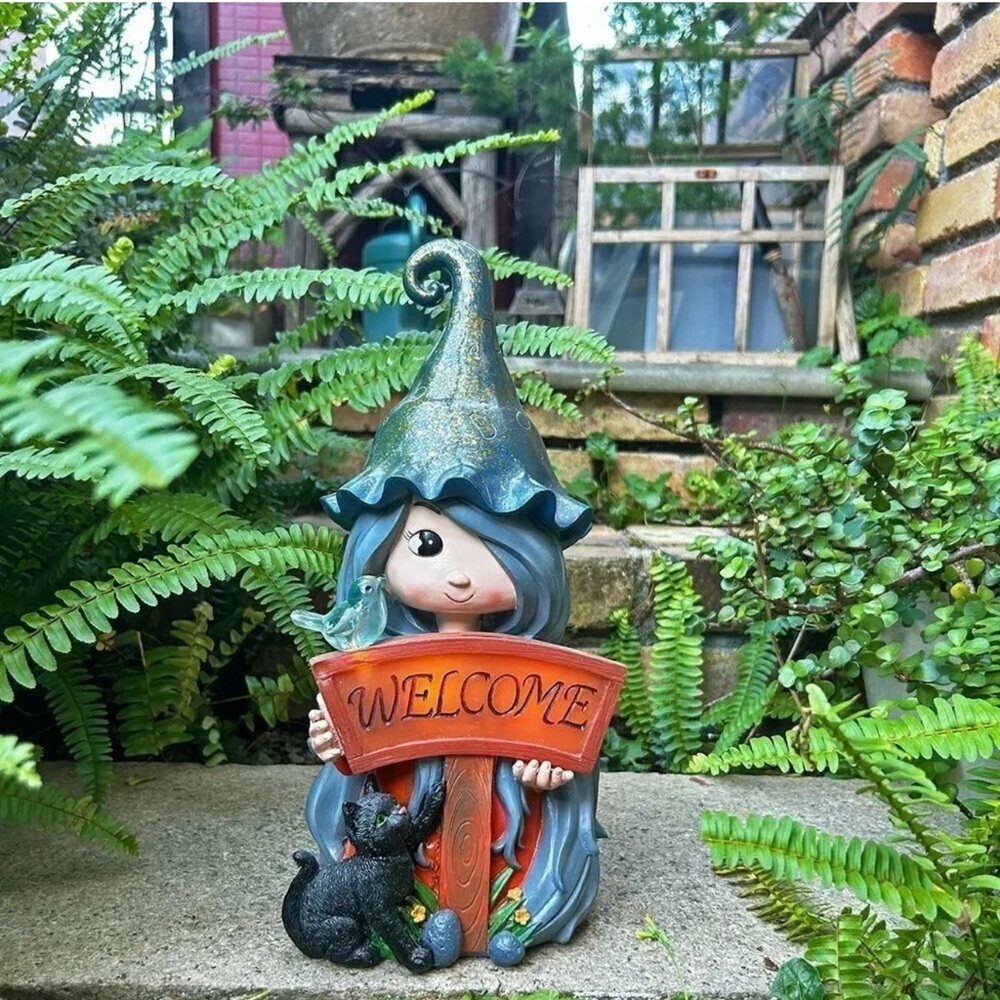 New Whimsical Welcome Gnome with Cat - Blue and Orange